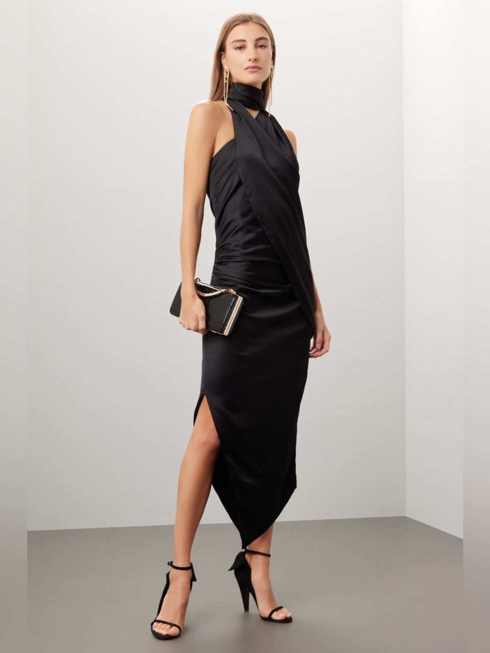 Aria Black Halter Draped Midi Dress with Side Slit